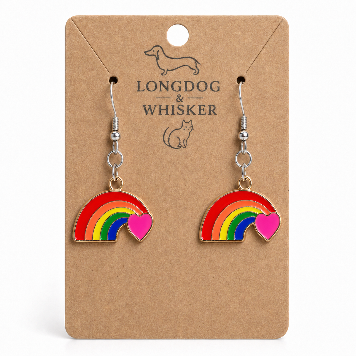 Pride Rainbow and Heart Drop Earrings Silver Hooks by Longdog & Whisker