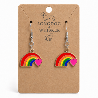 Pride Rainbow and Heart Drop Earrings Silver Hooks by Longdog & Whisker