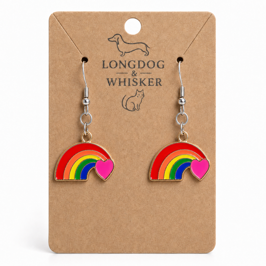 Pride Rainbow and Heart Drop Earrings Silver Hooks by Longdog & Whisker