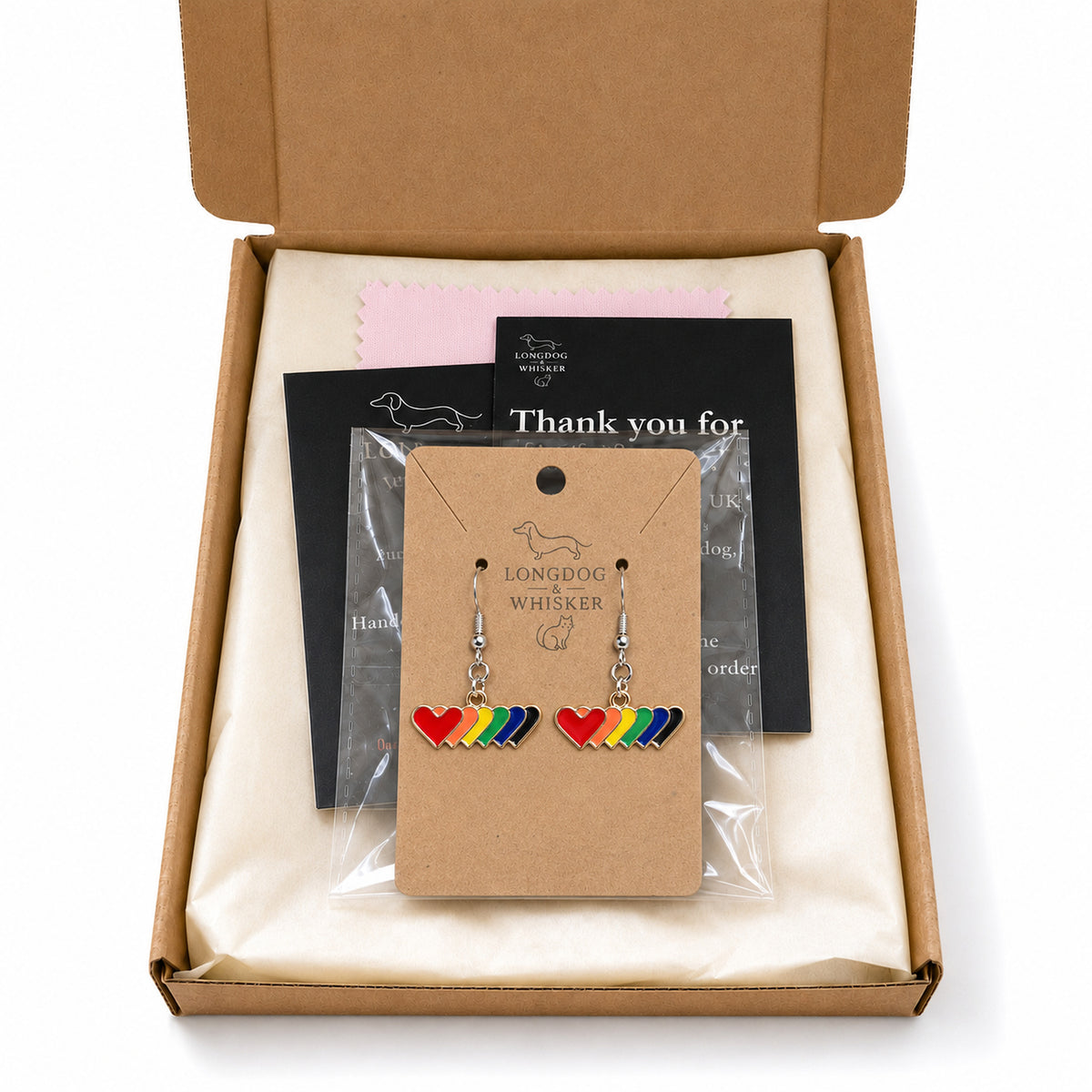 Pride Rainbow Heart Trail Drop Earrings Silver Hooks with Longdog & Whisker packaging