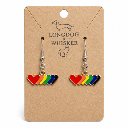 Pride Rainbow Heart Trail Drop Earrings Silver Hooks by Longdog & Whisker