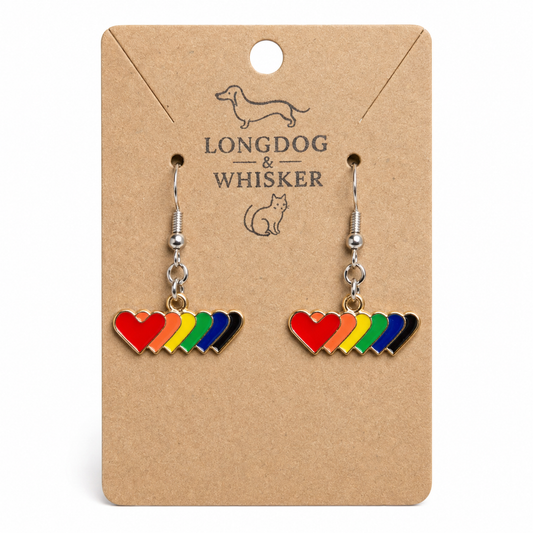 Pride Rainbow Heart Trail Drop Earrings Silver Hooks by Longdog & Whisker