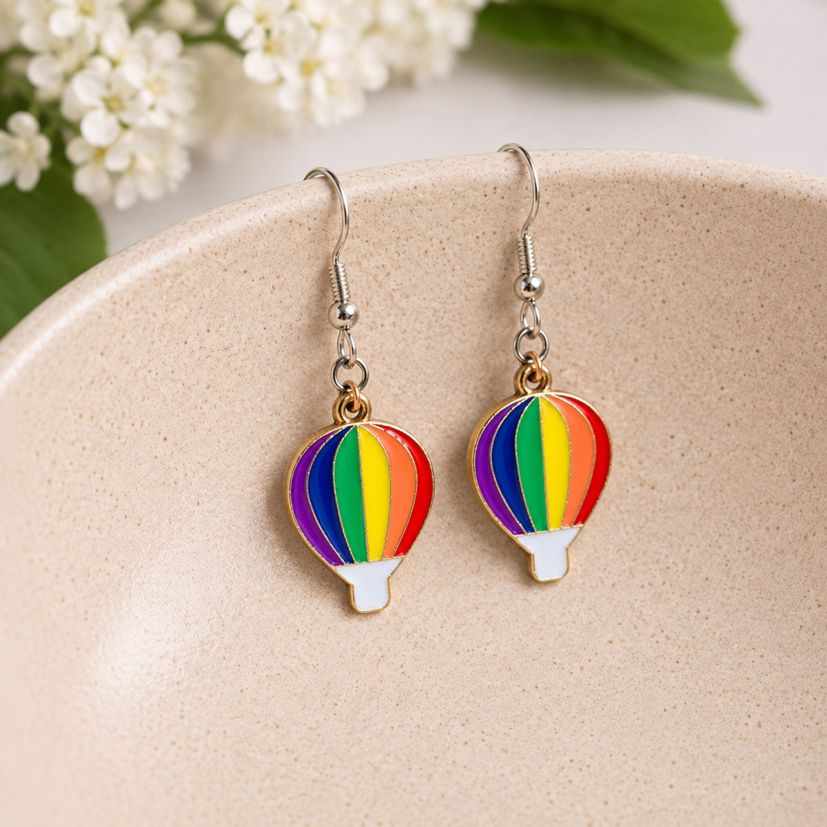Pride Rainbow Hot Air Balloon Drop Earrings Silver Hooks displayed in a lifestyle product photo