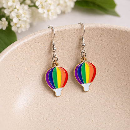 Pride Rainbow Hot Air Balloon Drop Earrings Silver Hooks displayed in a lifestyle product photo