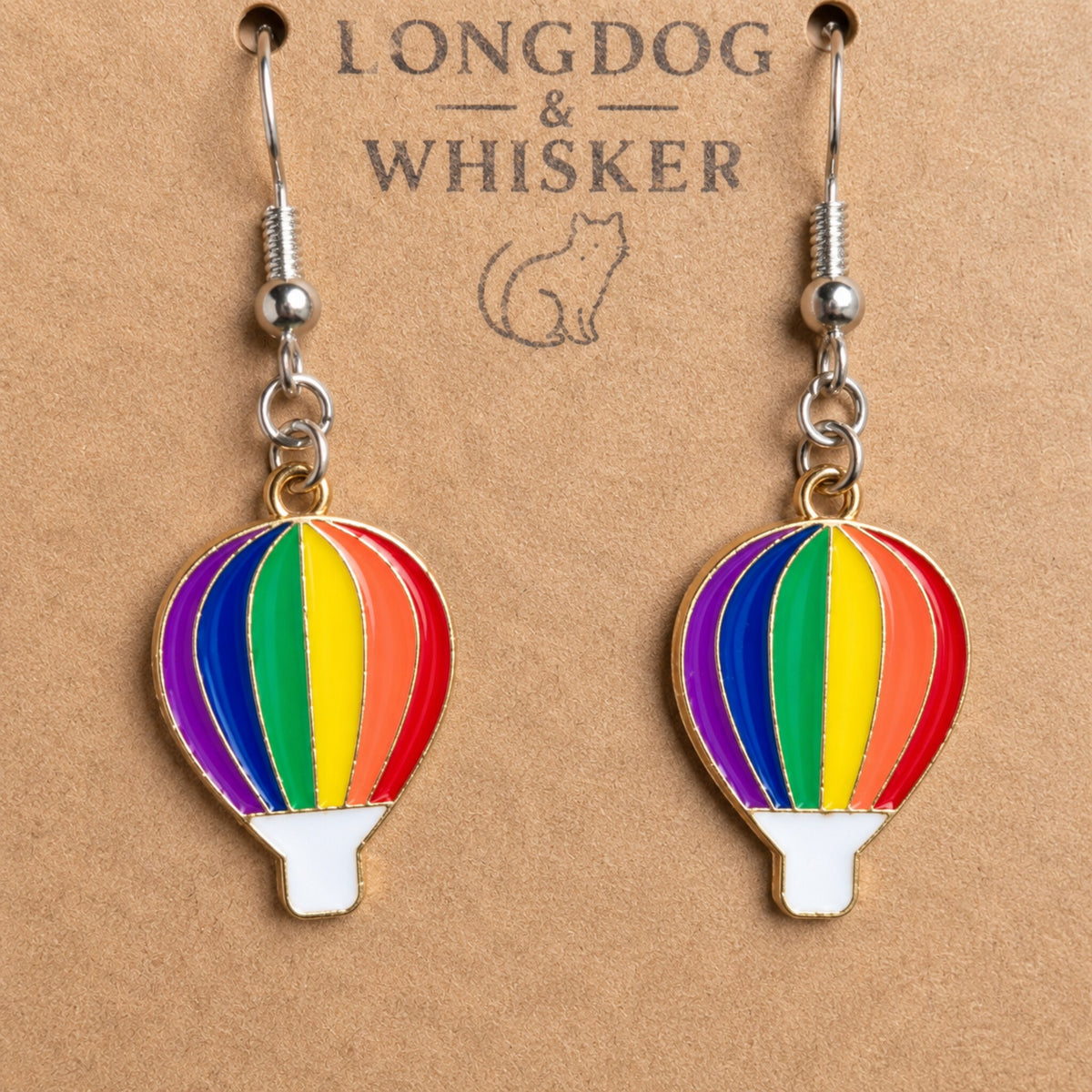 Close-up detail of Pride Rainbow Hot Air Balloon Drop Earrings Silver Hooks
