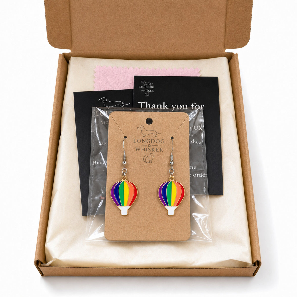 Pride Rainbow Hot Air Balloon Drop Earrings Silver Hooks with Longdog & Whisker packaging