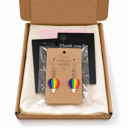 Pride Rainbow Hot Air Balloon Drop Earrings Silver Hooks with Longdog & Whisker packaging