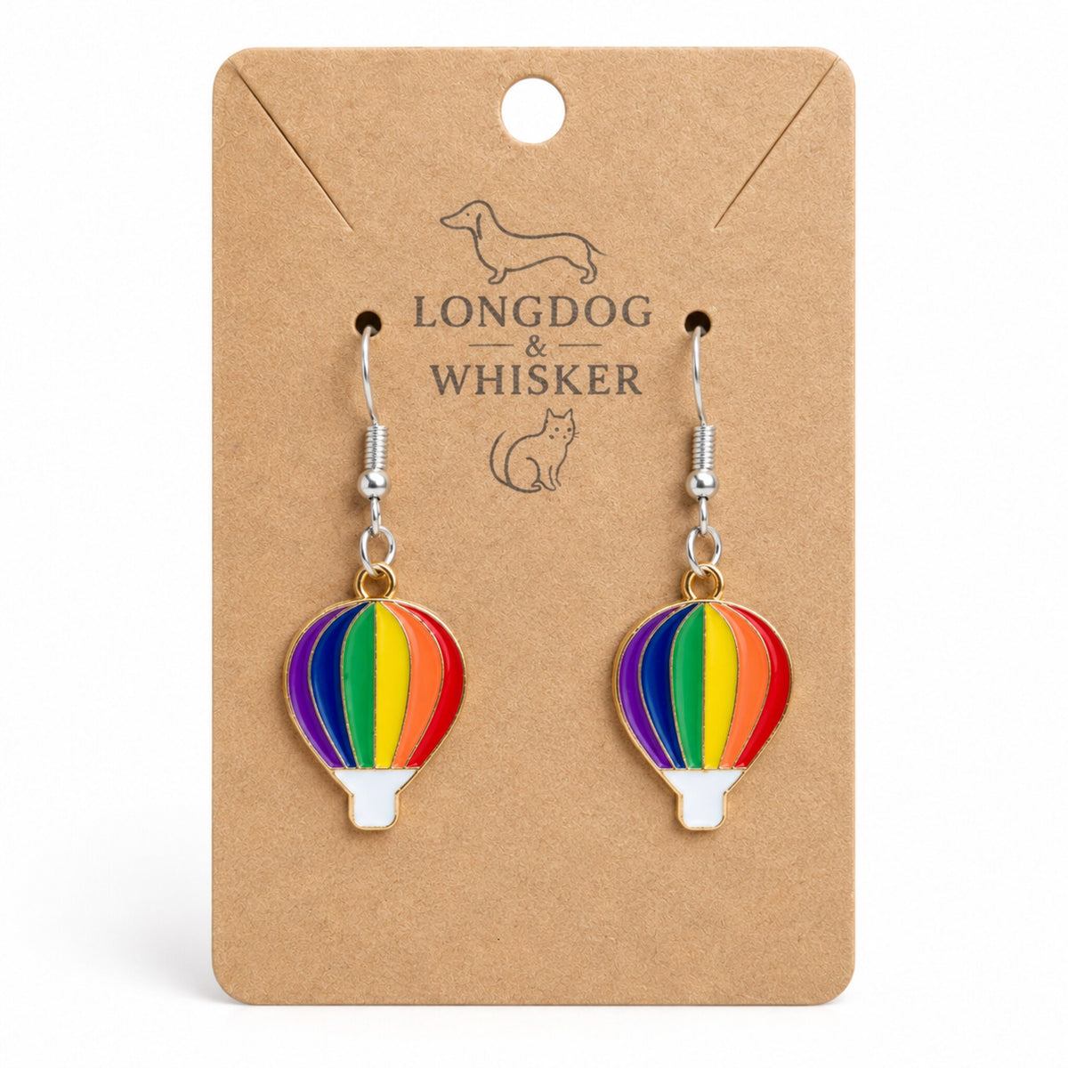 Pride Rainbow Hot Air Balloon Drop Earrings Silver Hooks by Longdog & Whisker