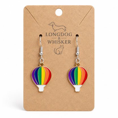 Pride Rainbow Hot Air Balloon Drop Earrings Silver Hooks by Longdog & Whisker