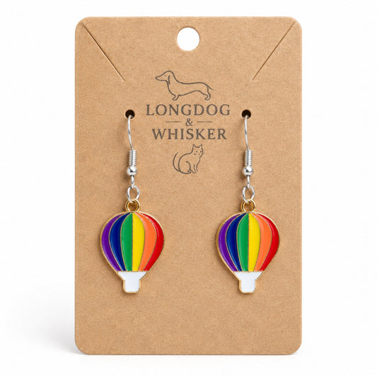Pride Rainbow Hot Air Balloon Drop Earrings Silver Hooks by Longdog & Whisker