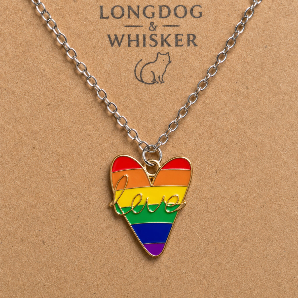 Close-up detail of Pride Rainbow Love Heart Necklace Silver Chain