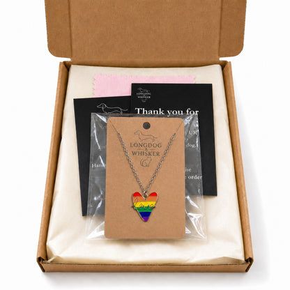 Pride Rainbow Love Heart Necklace Silver Chain with Longdog & Whisker packaging