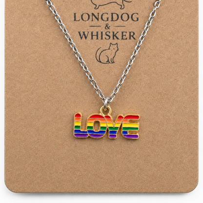 Close-up detail of Pride Rainbow Love Necklace Silver Chain