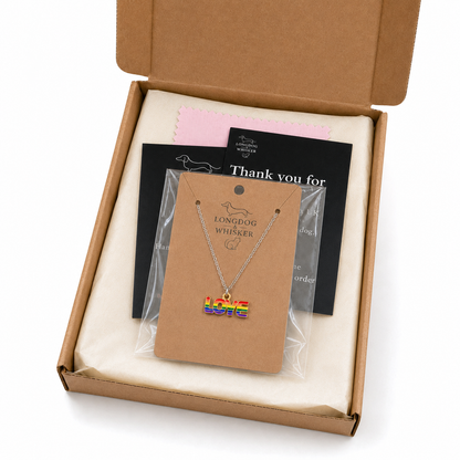 Pride Rainbow Love Necklace Silver Chain with Longdog & Whisker packaging