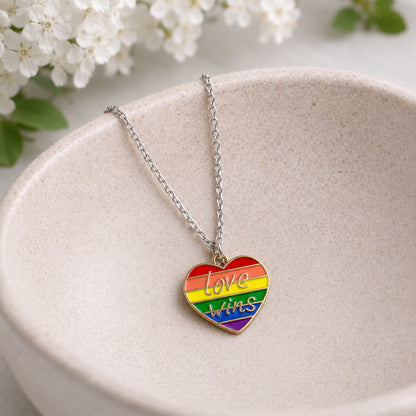 Close-up detail of Pride Love Wins Heart Necklace Silver Chain
