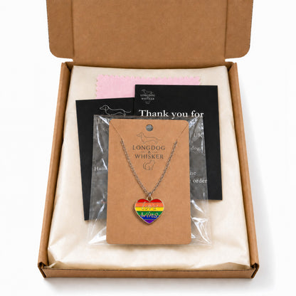 Pride Love Wins Heart Necklace Silver Chain with Longdog & Whisker packaging