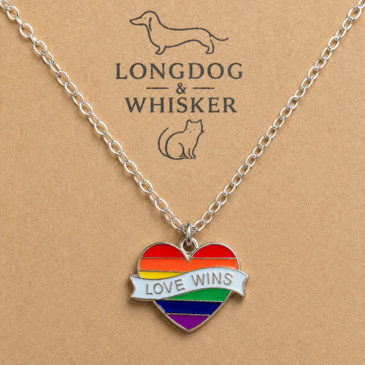 Close-up detail of Pride Rainbow Love Wins Banner Heart Necklace Silver Chain