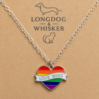 Close-up detail of Pride Rainbow Love Wins Banner Heart Necklace Silver Chain