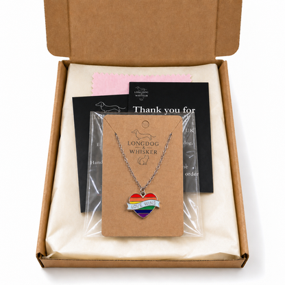 Pride Rainbow Love Wins Banner Heart Necklace Silver Chain with Longdog & Whisker packaging