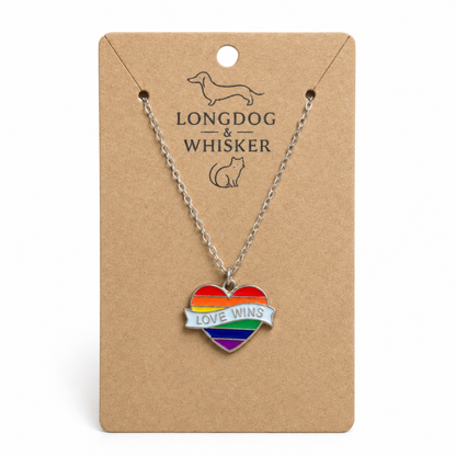 Pride Rainbow Love Wins Banner Heart Necklace Silver Chain by Longdog & Whisker