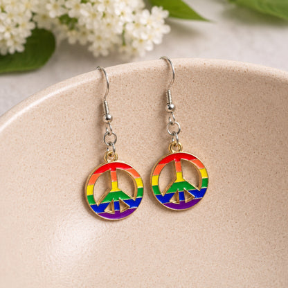 Pride Rainbow Peace Drop Earrings Silver Hooks displayed in a lifestyle product photo