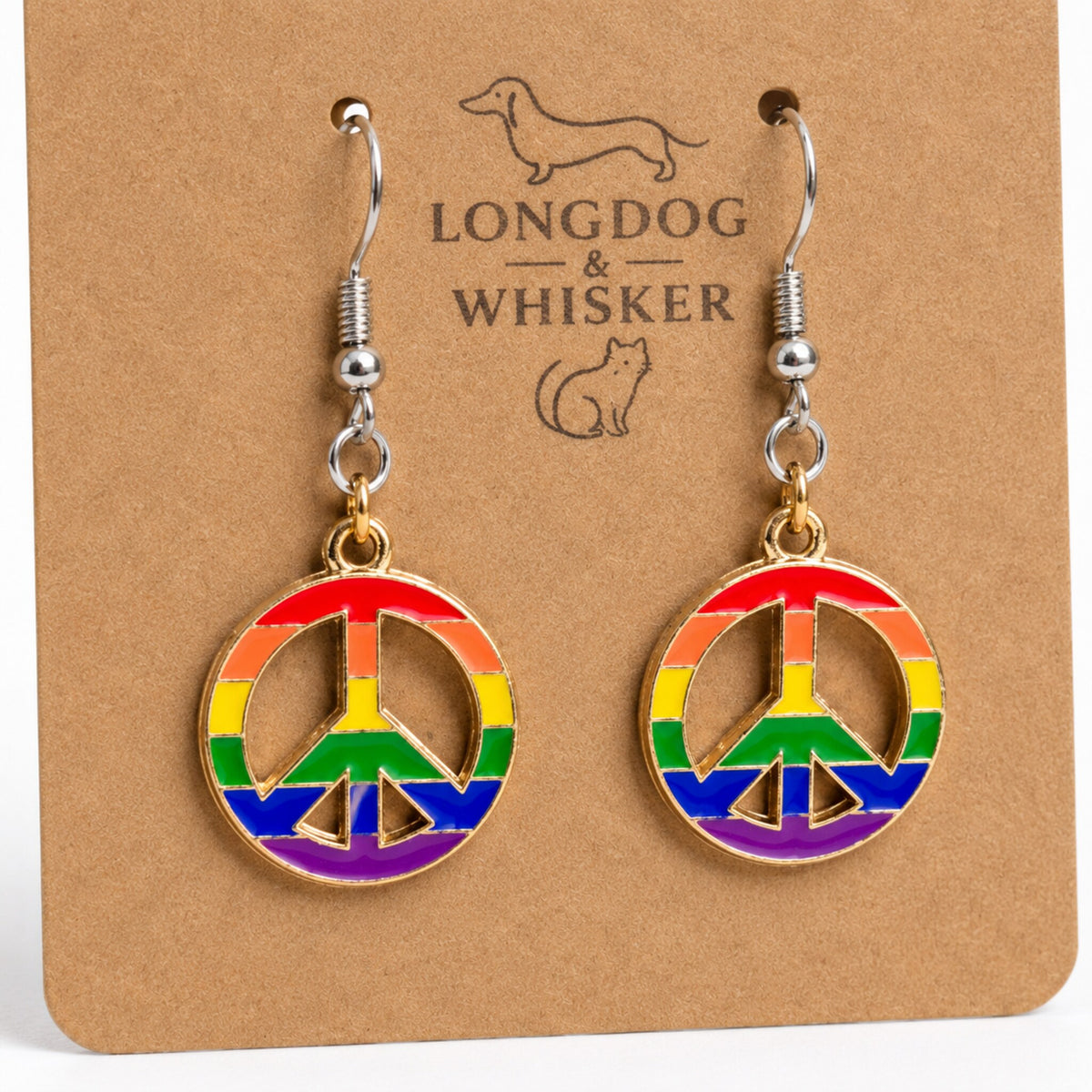 Close-up detail of Pride Rainbow Peace Drop Earrings Silver Hooks