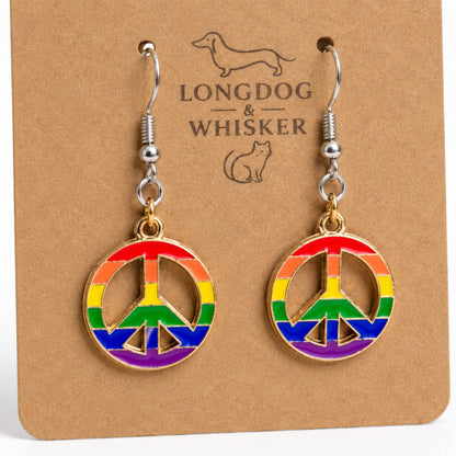 Close-up detail of Pride Rainbow Peace Drop Earrings Silver Hooks