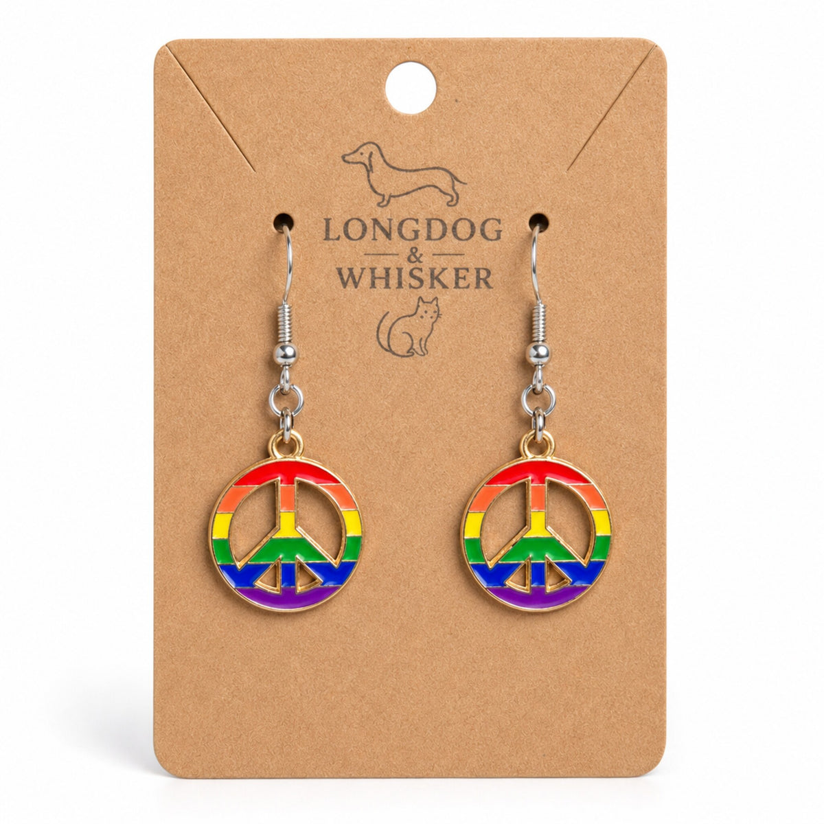 Pride Rainbow Peace Drop Earrings Silver Hooks by Longdog & Whisker