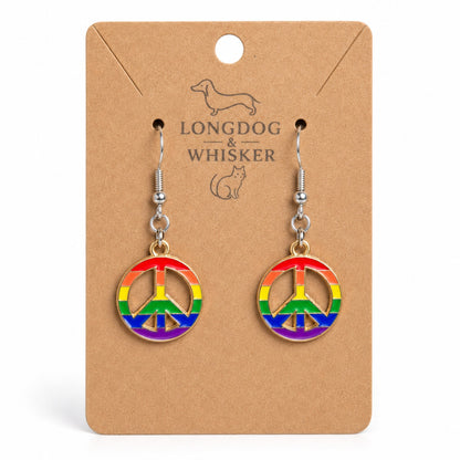 Pride Rainbow Peace Drop Earrings Silver Hooks by Longdog & Whisker