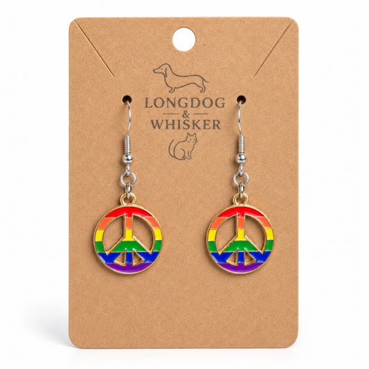 Pride Rainbow Peace Drop Earrings Silver Hooks by Longdog & Whisker