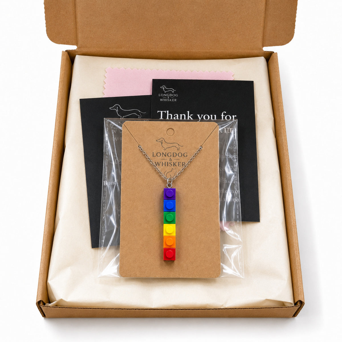 Pride Single Brick Necklace Purple to Red Silver Chain with Longdog & Whisker packaging
