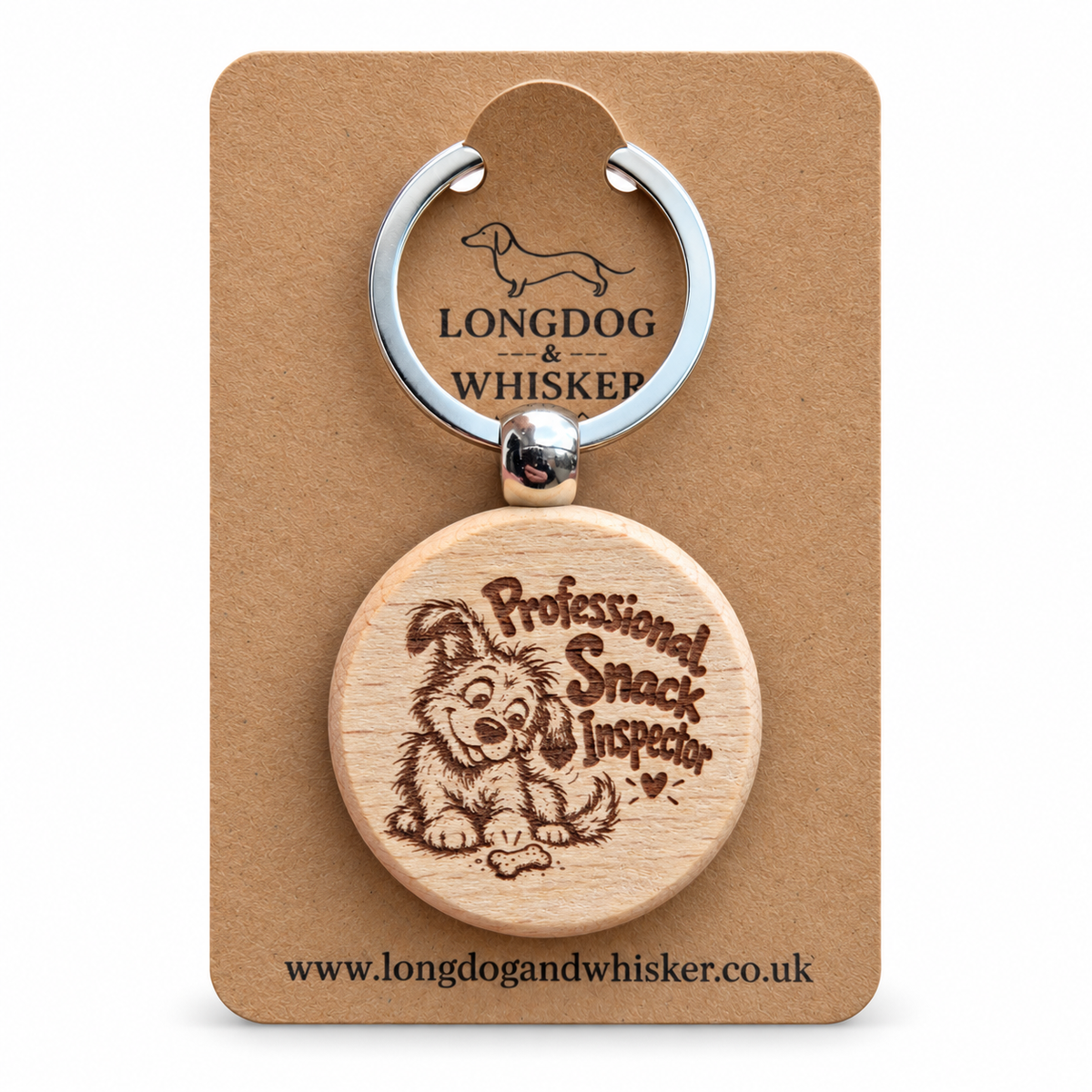 Professional Snack Inspector dog wooden keyring on Longdog & Whisker kraft card