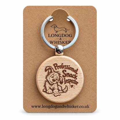 Professional Snack Inspector dog wooden keyring on Longdog & Whisker kraft card