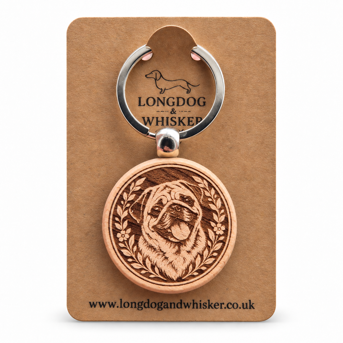 Pug wooden keyring on a Longdog & Whisker product card