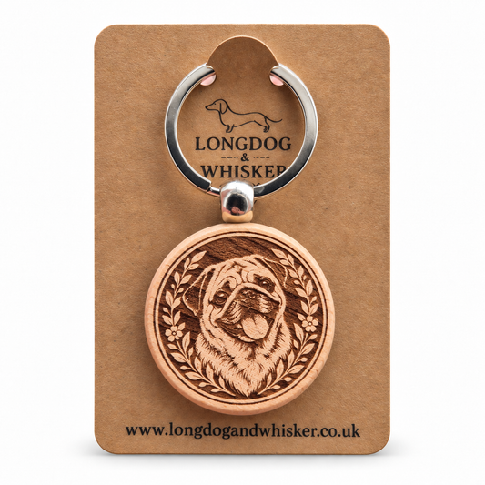 Pug wooden keyring on a Longdog & Whisker product card