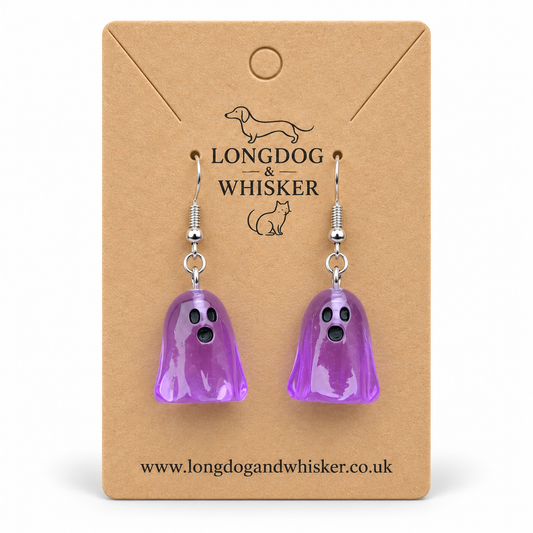 Translucent purple ghost earrings on a Longdog & Whisker kraft display card