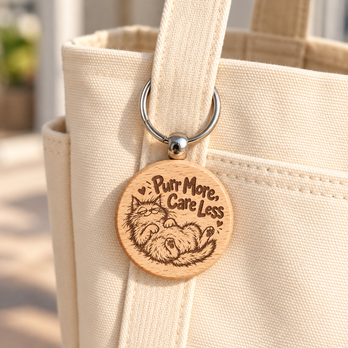 Purr More Care Less wooden cat keyring hanging from a cream canvas tote bag