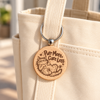 Purr More Care Less wooden cat keyring hanging from a cream canvas tote bag
