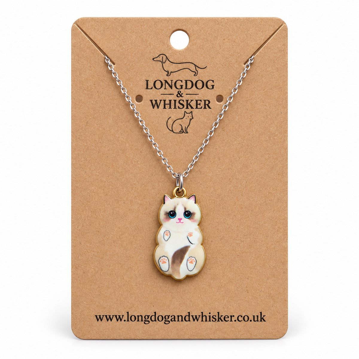 Ragdoll Belly Rub Cat Necklace on a silver-tone chain displayed on a Longdog & Whisker kraft card