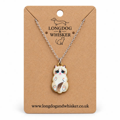 Ragdoll Belly Rub Cat Necklace on a silver-tone chain displayed on a Longdog & Whisker kraft card