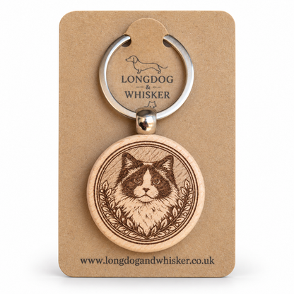 Ragdoll cat wooden keyring with leafy portrait frame on Longdog & Whisker card
