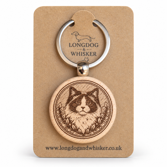 Ragdoll cat wooden keyring with leafy portrait frame on Longdog & Whisker card