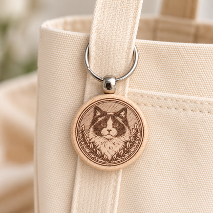 Ragdoll cat wooden keyring hanging from a cream canvas tote bag
