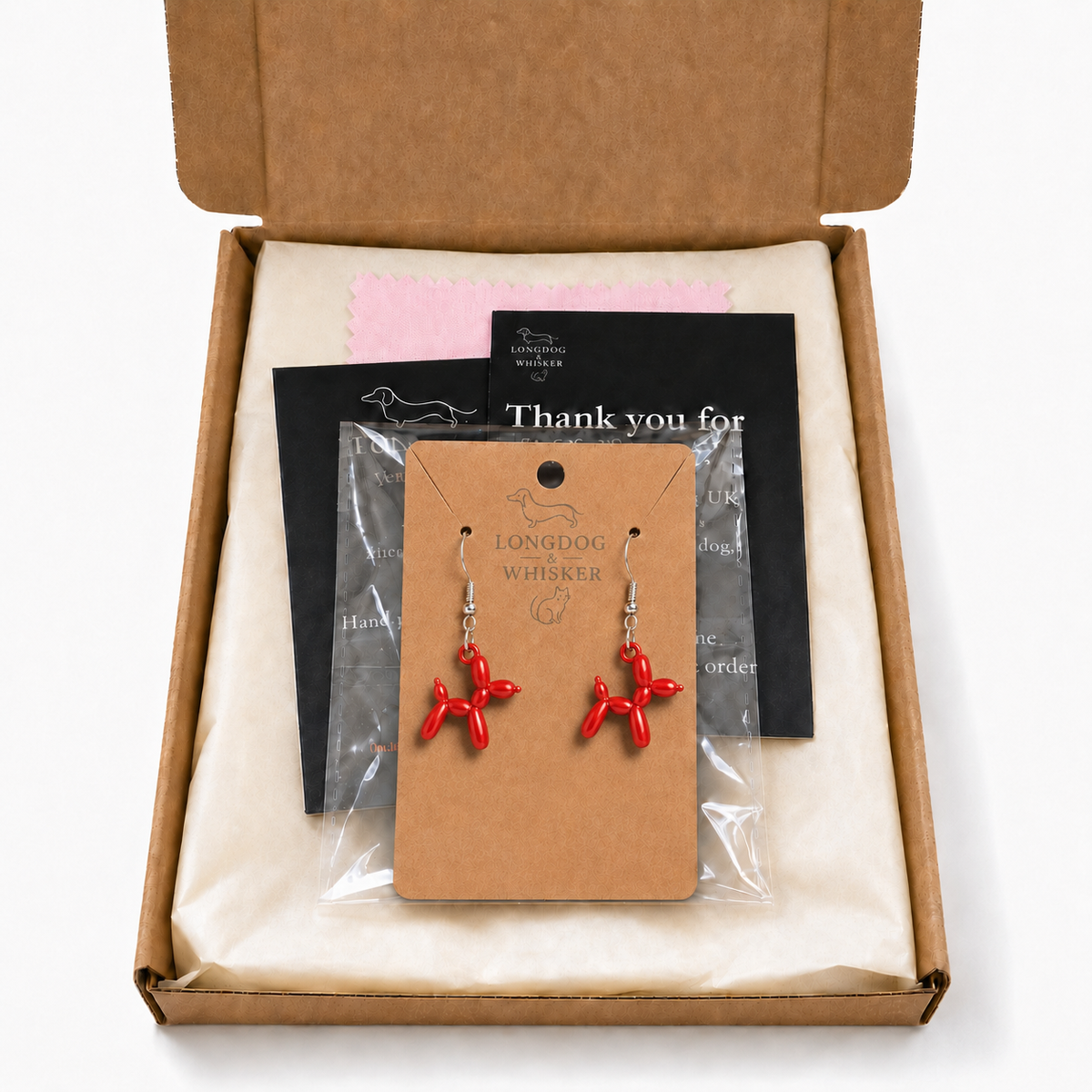 Red Balloon Dog Earrings in Longdog & Whisker gift packaging