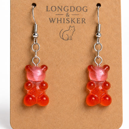 Close-up detail of Gummy Bear Earrings - Red/Pink
