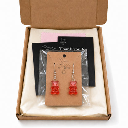 Gummy Bear Earrings - Red/Pink with Longdog & Whisker packaging