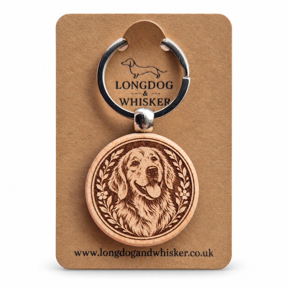 Retriever wooden keyring on a Longdog & Whisker product card