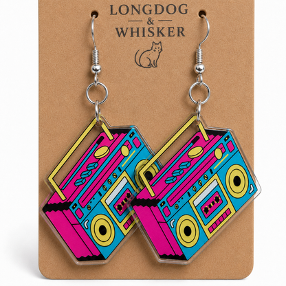 Close-up of Retro Boombox Earrings on product card
