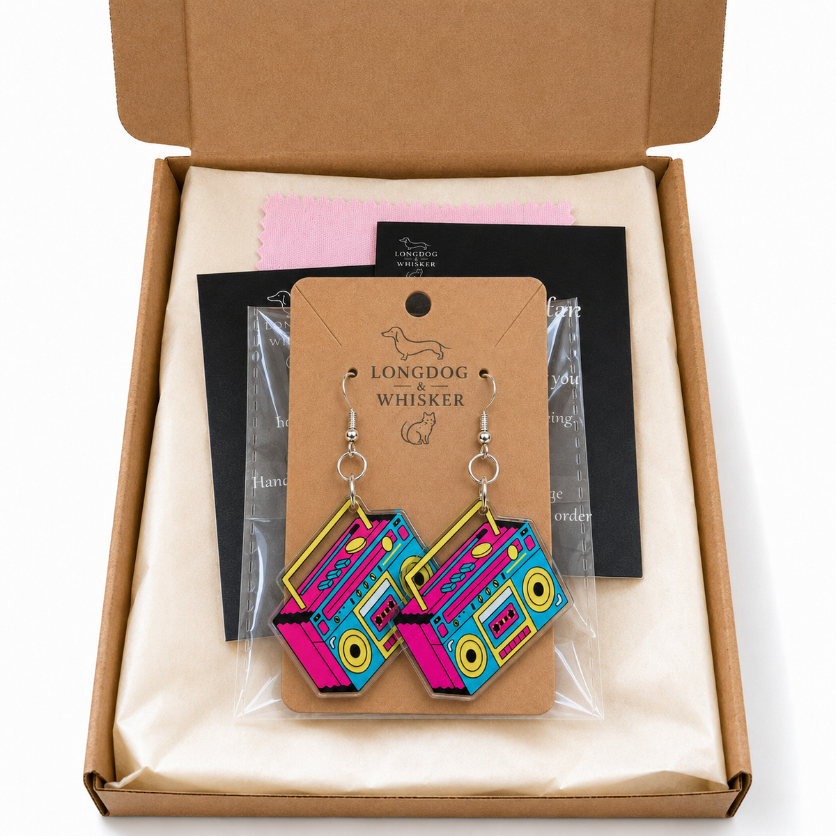 Retro Boombox Earrings in Longdog & Whisker packaging