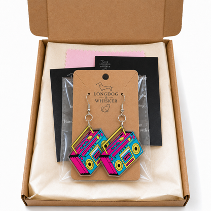 Retro Boombox Earrings in Longdog & Whisker packaging